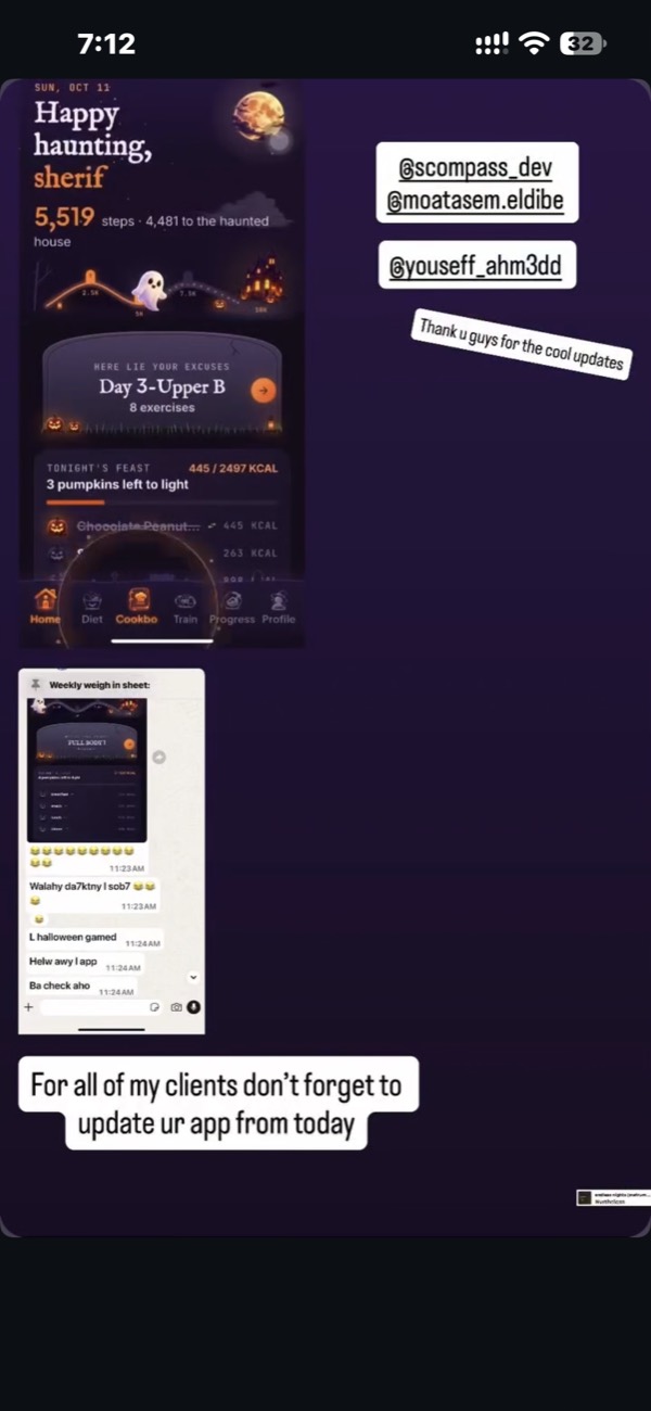 Coach Karim's Instagram story showing the Kiks app's Halloween update, captioned: Thank u guys for the cool updates.