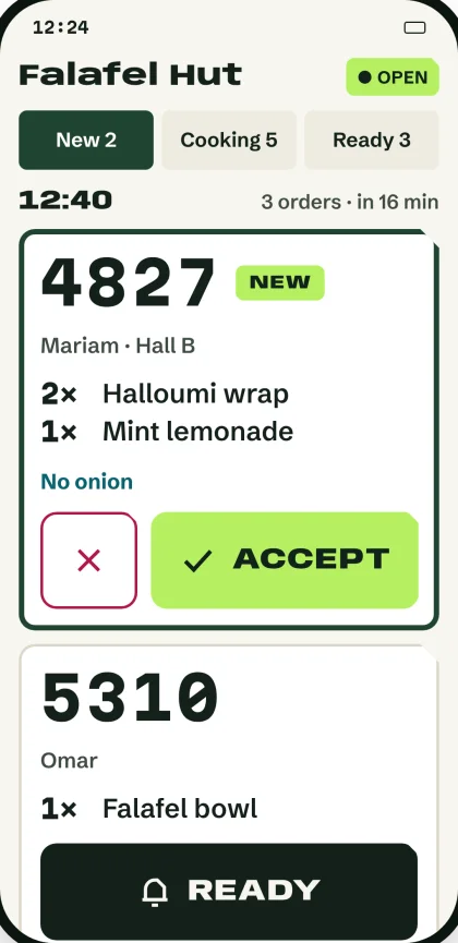 Counter app: new order 4827 waiting to be accepted, grouped by the 12:40 slot