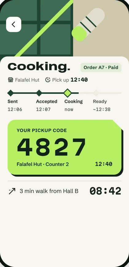 Student app: order cooking, with pickup code 4827 for 12:40