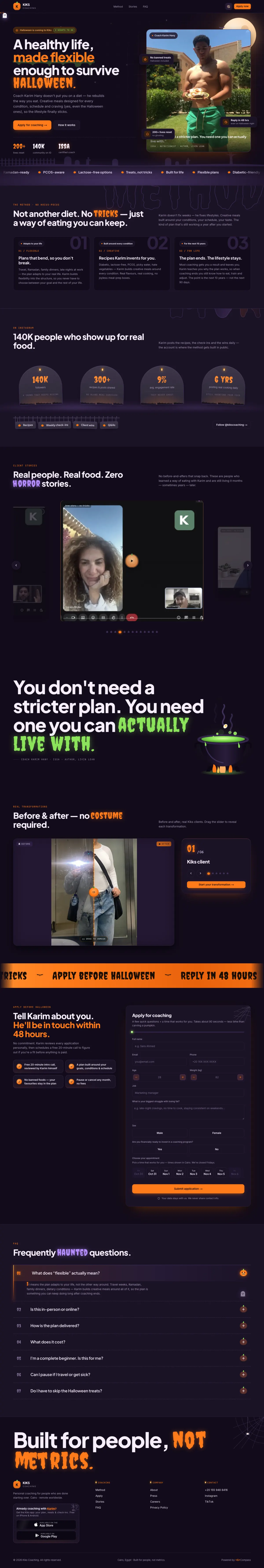The same Kiks website, top to bottom, in its Halloween theme