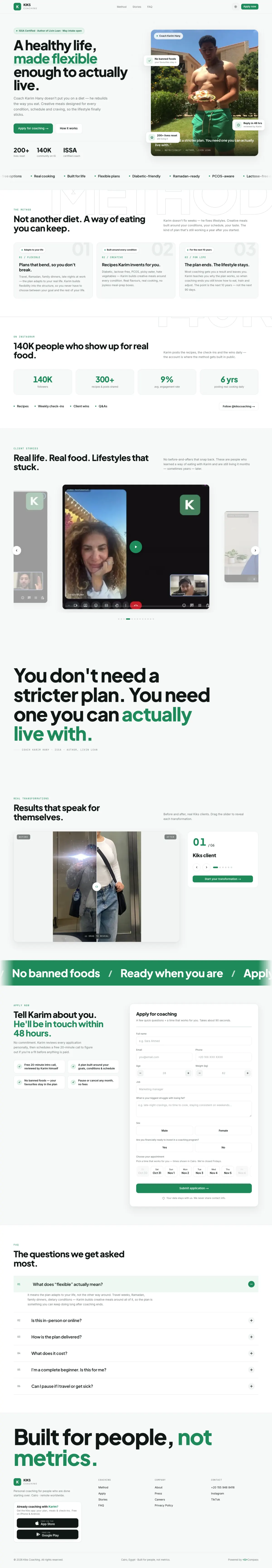 The Kiks Coaching website, top to bottom, in its everyday green theme